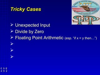 Tricky Cases


   Unexpected Input
   Divide by Zero
   Floating Point Arithmetic (esp. “if x = y then…”)



 
