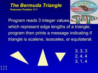 The Bermuda Triangle
Pressman Problem 17.1



Program reads 3 integer values,
which represent edge lengths of a triangle;
program then prints a message indicating if
triangle is scalene, isosceles, or equilateral.

                                     3, 3, 3
                                     2, 4, 4
                                     3, 1, 4
 