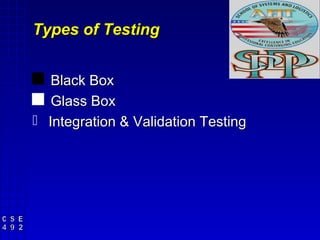 Types of Testing


 Black Box
 Glass Box
 Integration & Validation Testing
 