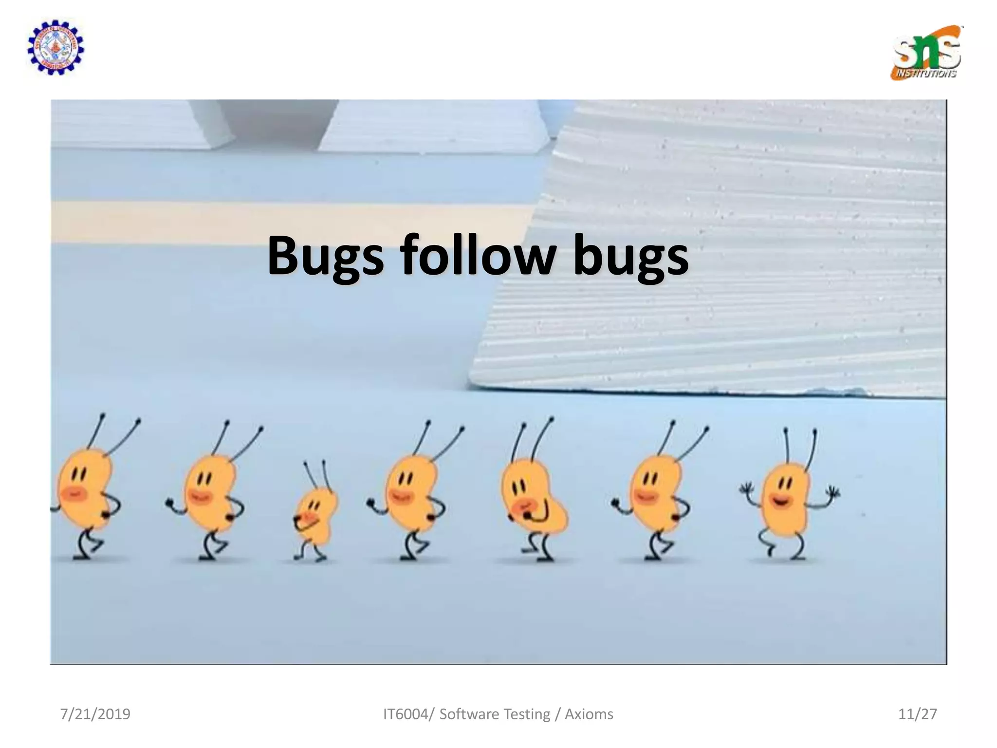 Bugs follow bugs
7/21/2019 IT6004/ Software Testing / Axioms 11/27
 