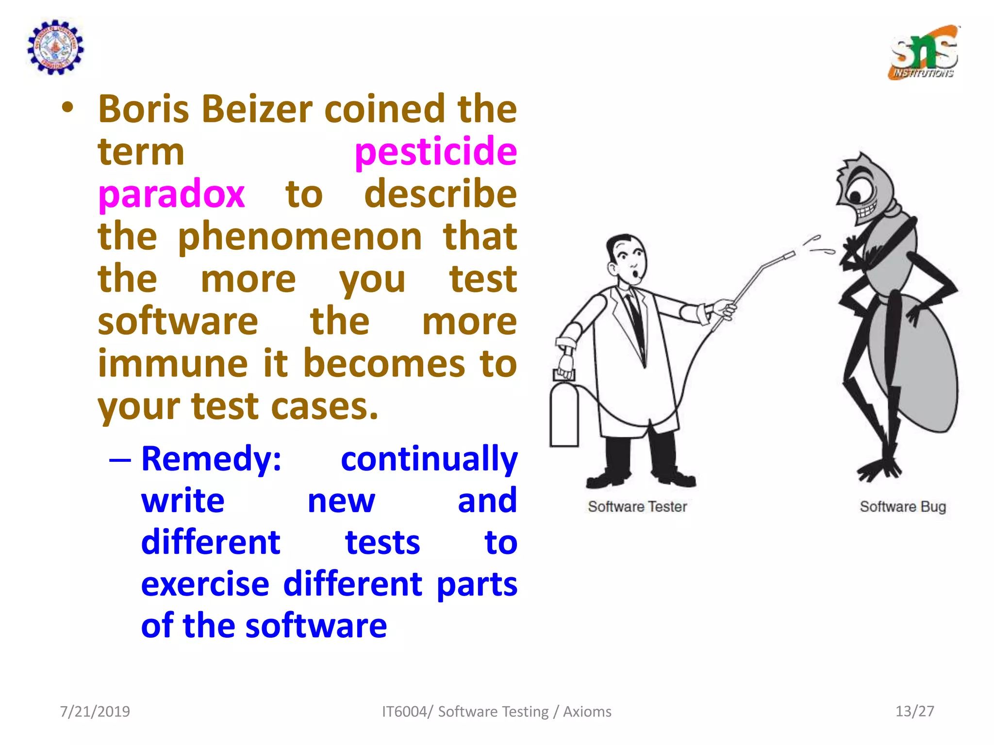 • Boris Beizer coined the
term pesticide
paradox to describe
the phenomenon that
the more you test
software the more
immune it becomes to
your test cases.
– Remedy: continually
write new and
different tests to
exercise different parts
of the software
7/21/2019 IT6004/ Software Testing / Axioms 13/27
 