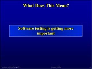 What Does This Mean?



                                  Software testing is getting more
                                            important




Introduction to Software Testing (Ch 1)               © Ammann & Offutt   11
 