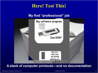 Here! Test This!
                                          My first ―professional‖ job
                                               Big software big
                                                MicroSteff – program
                                               software system
                                               for the mac

                                               V.1.5.1    Jan/2007
                                                          Jan/2007




                                                           1.44 MB
                                                           MF2-HD
                                                           DataLife
                                                          Verdatim


         A stack of computer printouts—and no documentation
Introduction to Software Testing (Ch 1)                       © Ammann & Offutt   14
 