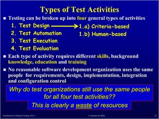 Types of Test Activities
     Testing can be broken up into four general types of activities
       1. Test Design                 1.a) Criteria-based
       2. Test Automation             1.b) Human-based
       3. Test Execution
       4. Test Evaluation
     Each type of activity requires different skills, background
      knowledge, education and training
     No reasonable software development organization uses the same
      people for requirements, design, implementation, integration
      and configuration control
       Why do test organizations still use the same people
                   for all four test activities??
              This is clearly a waste of resources
Introduction to Software Testing (Ch 1)                 © Ammann & Offutt   22
 