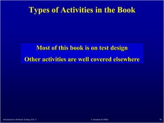 Types of Activities in the Book



                                      Most of this book is on test design
                        Other activities are well covered elsewhere




Introduction to Software Testing (Ch 1)                   © Ammann & Offutt   38
 