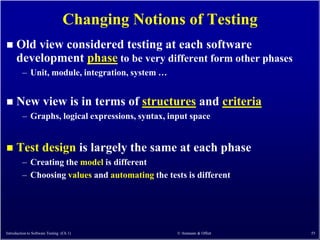 Changing Notions of Testing
     Old view considered testing at each software
      development phase to be very different form other phases
         – Unit, module, integration, system …


     New view is in terms of structures and criteria
         – Graphs, logical expressions, syntax, input space


     Test design is largely the same at each phase
         – Creating the model is different
         – Choosing values and automating the tests is different




Introduction to Software Testing (Ch 1)           © Ammann & Offutt   55
 