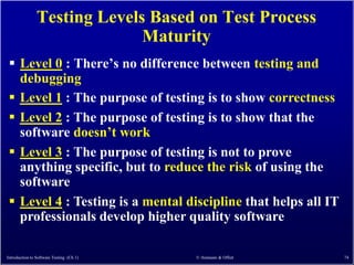 Testing Levels Based on Test Process
                              Maturity
  Level 0 : There’s no difference between testing and
   debugging
  Level 1 : The purpose of testing is to show correctness
  Level 2 : The purpose of testing is to show that the
   software doesn’t work
  Level 3 : The purpose of testing is not to prove
   anything specific, but to reduce the risk of using the
   software
  Level 4 : Testing is a mental discipline that helps all IT
   professionals develop higher quality software

Introduction to Software Testing (Ch 1)   © Ammann & Offutt     74
 