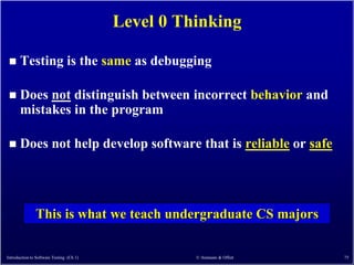 Level 0 Thinking

      Testing is the same as debugging

      Does not distinguish between incorrect behavior and
       mistakes in the program

      Does not help develop software that is reliable or safe




               This is what we teach undergraduate CS majors

Introduction to Software Testing (Ch 1)             © Ammann & Offutt   75
 