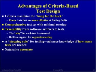 Advantages of Criteria-Based
                                      Test Design
     Criteria maximize the ―bang for the buck‖
         – Fewer tests that are more effective at finding faults
     Comprehensive test set with minimal overlap
     Traceability from software artifacts to tests
         – The ―why‖ for each test is answered
         – Built-in support for regression testing
     A ―stopping rule‖ for testing—advance knowledge of how many
      tests are needed
     Natural to automate




Introduction to Software Testing (Ch 1)              © Ammann & Offutt   88
 