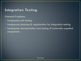 Potential Problems:
• Inadequate unit testing.
• Inadequate planning & organization for integration testing.
• Inadequate documentation and testing of externally-supplied
  components.




                            360 Logica
 