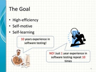 The Goal
? High-efficiency
? Self-motive
? Self-learning
14
10 years experience in
software testing!
NO! Just 1 year experience in
software testing repeat 10
times
 