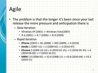 Agile
? The problem is that the longer its been since your last
release the more pressure and anticipation there is
C Slow iteration
? Windows XP (2001) -> Windows Vista(2007)
? IE 6 (2001) -> IE 7 (2006) -> IE 8 (2009)
C Rapid iteration
? iPhone (2007)-> 3G (2008) -> 3GS (2009) -> 4 (2010)
? Kindle 1 (2007-11) -> 2 (2009-01) -> 3 (2010-07)
? Chrome 3 (2009-10-12)-> 4 (2010-01-25) -> 5 (2010-05-25) -> 6
(2010-09-02) -> 7 (2010-10-21)
? MRM 1.0 (2008-01) -> V2.0 (2008-11) -> V3.0 (2010-04) -> V3.5
(2010-11)
4
 