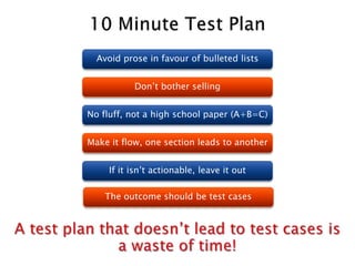 Avoid prose in favour of bulleted lists


           Don’t bother selling


No fluff, not a high school paper (A+B=C)


Make it flow, one section leads to another


     If it isn’t actionable, leave it out

    The outcome should be test cases
 