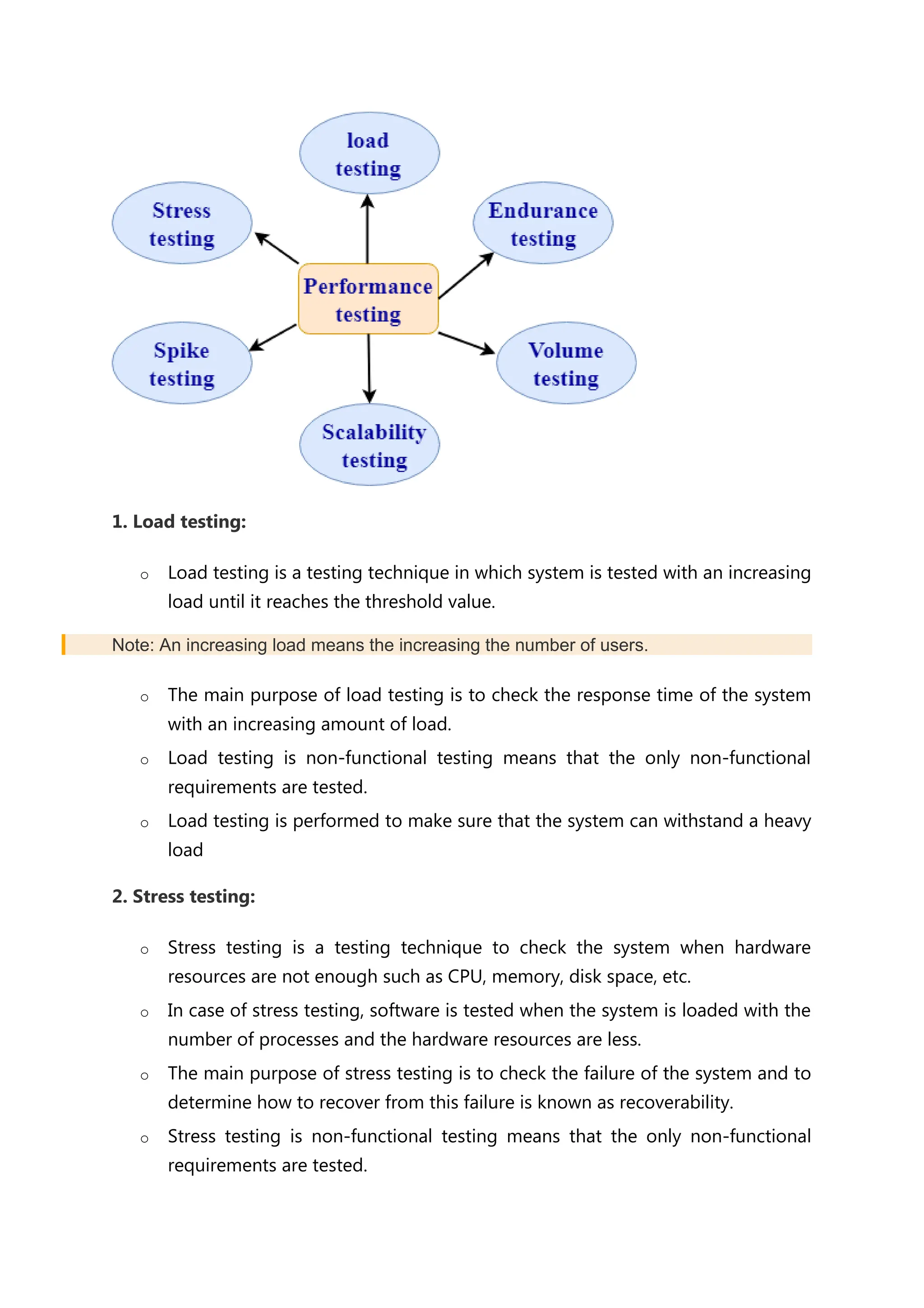 1. Load testing: o Load testing is a testing technique in which system is tested with an increasing load until it reaches the threshold value. Note: An increasing load means the increasing the number of users. o The main purpose of load testing is to check the response time of the system with an increasing amount of load. o Load testing is non-functional testing means that the only non-functional requirements are tested. o Load testing is performed to make sure that the system can withstand a heavy load 2. Stress testing: o Stress testing is a testing technique to check the system when hardware resources are not enough such as CPU, memory, disk space, etc. o In case of stress testing, software is tested when the system is loaded with the number of processes and the hardware resources are less. o The main purpose of stress testing is to check the failure of the system and to determine how to recover from this failure is known as recoverability. o Stress testing is non-functional testing means that the only non-functional requirements are tested. 