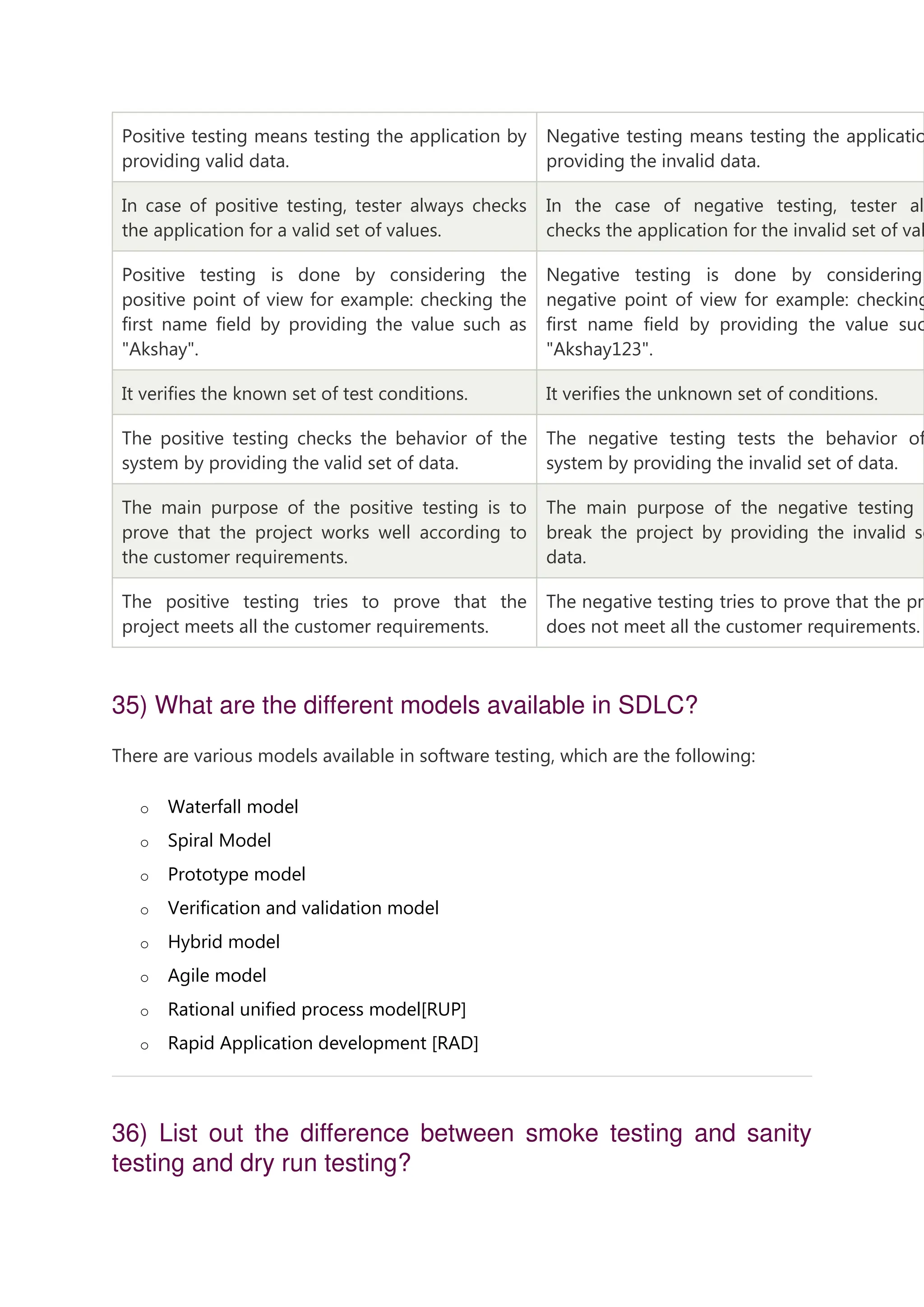 Positive testing means testing the application by providing valid data. Negative testing means testing the applicatio providing the invalid data. In case of positive testing, tester always checks the application for a valid set of values. In the case of negative testing, tester alw checks the application for the invalid set of val Positive testing is done by considering the positive point of view for example: checking the first name field by providing the value such as "Akshay". Negative testing is done by considering negative point of view for example: checking first name field by providing the value suc "Akshay123". It verifies the known set of test conditions. It verifies the unknown set of conditions. The positive testing checks the behavior of the system by providing the valid set of data. The negative testing tests the behavior of system by providing the invalid set of data. The main purpose of the positive testing is to prove that the project works well according to the customer requirements. The main purpose of the negative testing break the project by providing the invalid se data. The positive testing tries to prove that the project meets all the customer requirements. The negative testing tries to prove that the pro does not meet all the customer requirements. 35) What are the different models available in SDLC? There are various models available in software testing, which are the following: o Waterfall model o Spiral Model o Prototype model o Verification and validation model o Hybrid model o Agile model o Rational unified process model[RUP] o Rapid Application development [RAD] 36) List out the difference between smoke testing and sanity testing and dry run testing? 