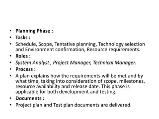 • Planning Phase :
• Tasks :
• Schedule, Scope, Tentative planning, Technology selection
and Environment confirmation, Resource requirements.
• Roles :
• System Analyst , Project Manager, Technical Manager.
• Process :
• A plan explains how the requirements will be met and by
what time, taking into consideration of scope, milestones,
resource availability and release date. This phase is
applicable for both development and testing.
• Documents :
• Project plan and Test plan documents are delivered.
 