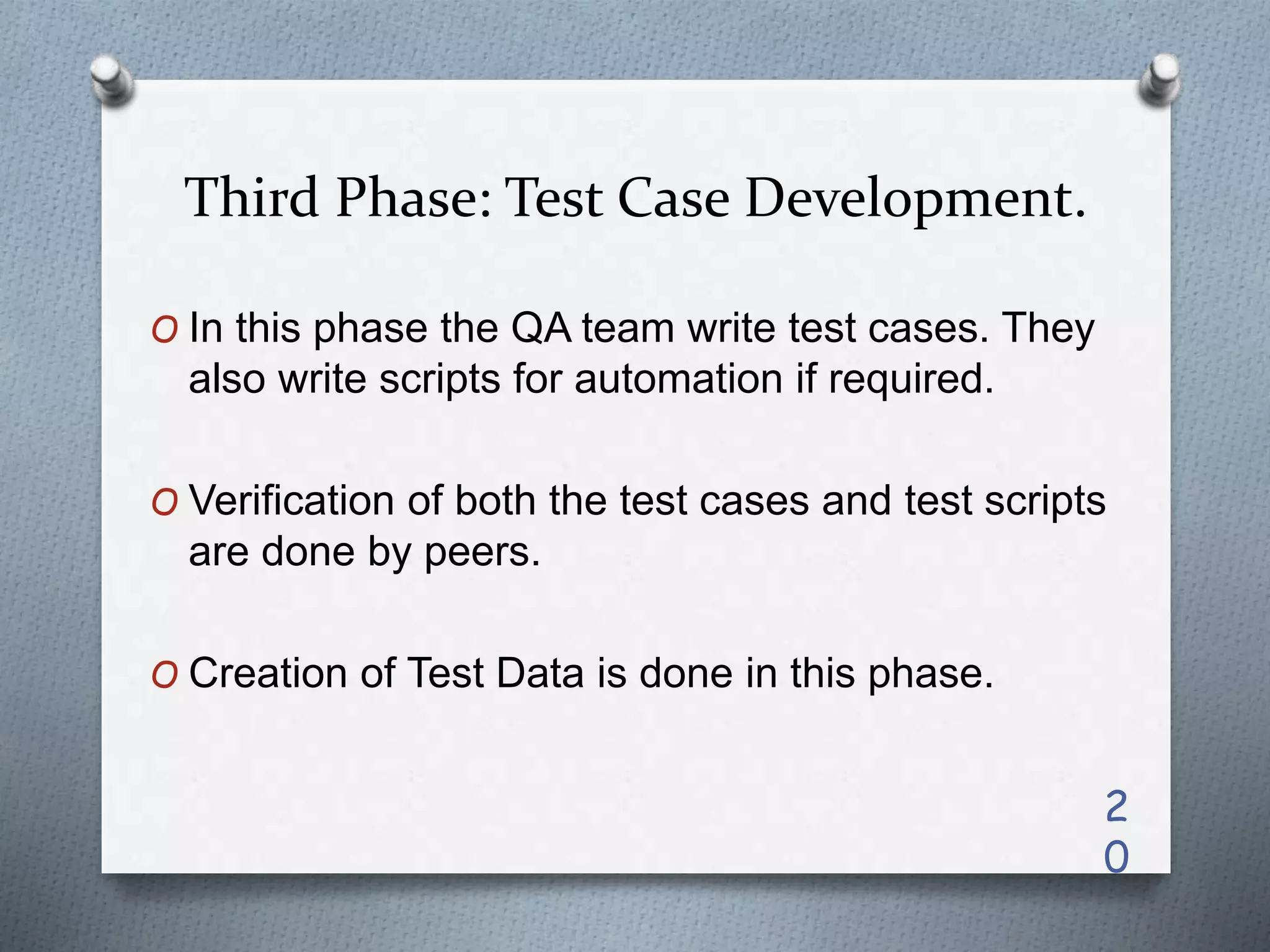 Third Phase: Test Case Development.
O In this phase the QA team write test cases. They
also write scripts for automation if required.
O Verification of both the test cases and test scripts
are done by peers.
O Creation of Test Data is done in this phase.
2
0
 