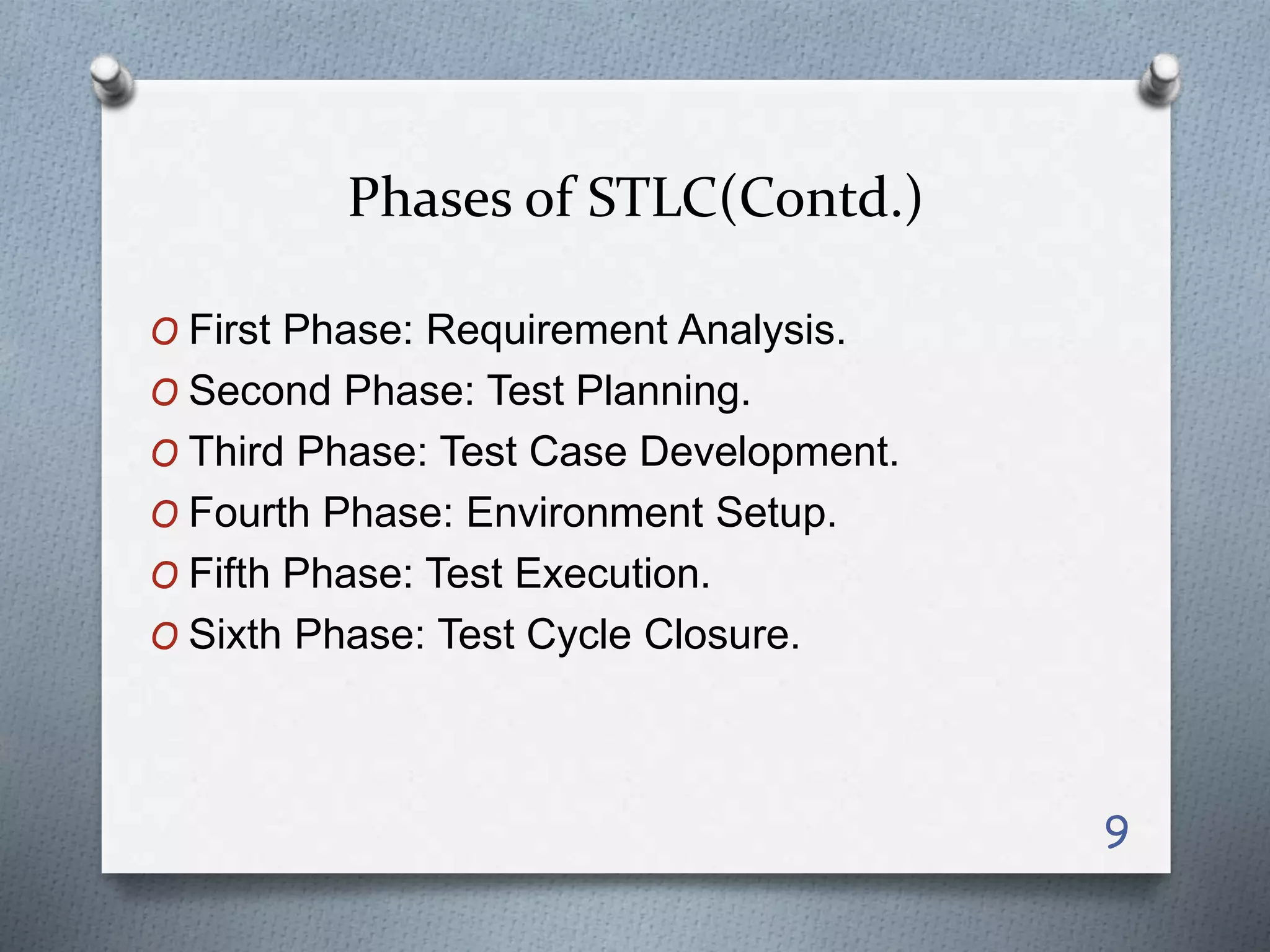 Phases of STLC(Contd.)
O First Phase: Requirement Analysis.
O Second Phase: Test Planning.
O Third Phase: Test Case Development.
O Fourth Phase: Environment Setup.
O Fifth Phase: Test Execution.
O Sixth Phase: Test Cycle Closure.
9
 
