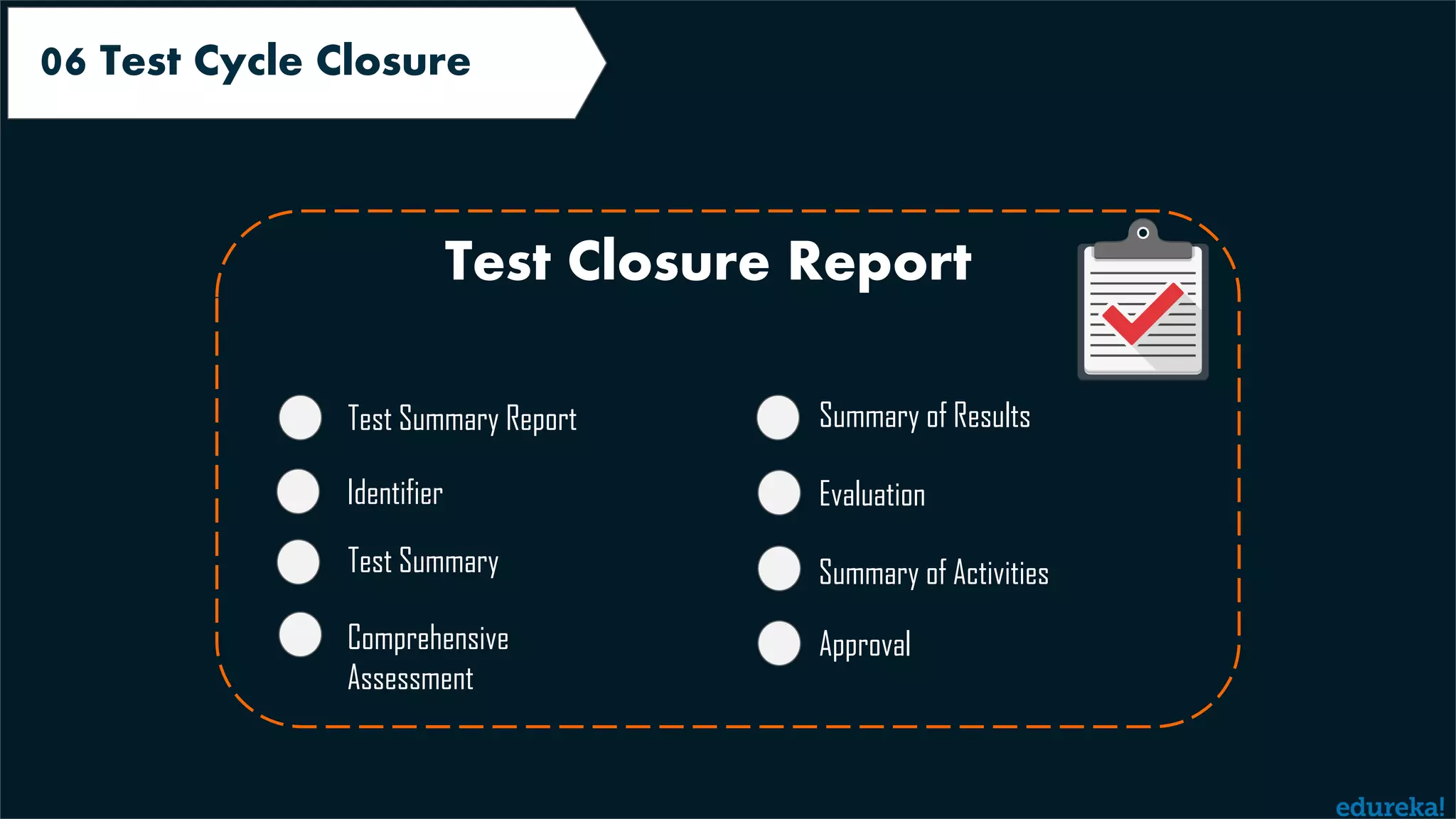 Requirements Analysis 06 Test Cycle Closure Test Closure Report Test Summary Report Identifier Test Summary Comprehensive Assessment Summary of Results Evaluation Summary of Activities Approval 