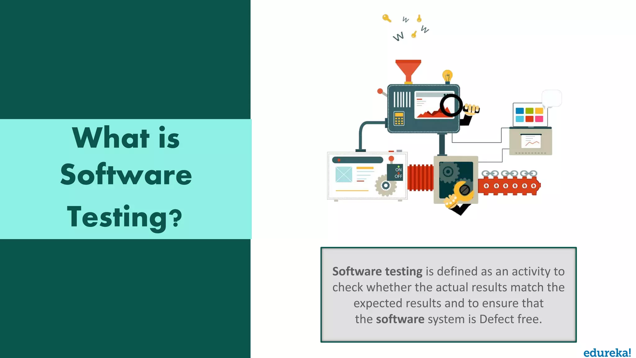 What is Software Testing? Software testing is defined as an activity to check whether the actual results match the expected results and to ensure that the software system is Defect free. 