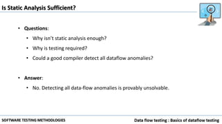 Is Static Analysis Sufficient?
• Questions:
• Why isn’t static analysis enough?
• Why is testing required?
• Could a good compiler detect all dataflow anomalies?
• Answer:
• No. Detecting all data-flow anomalies is provably unsolvable.
 