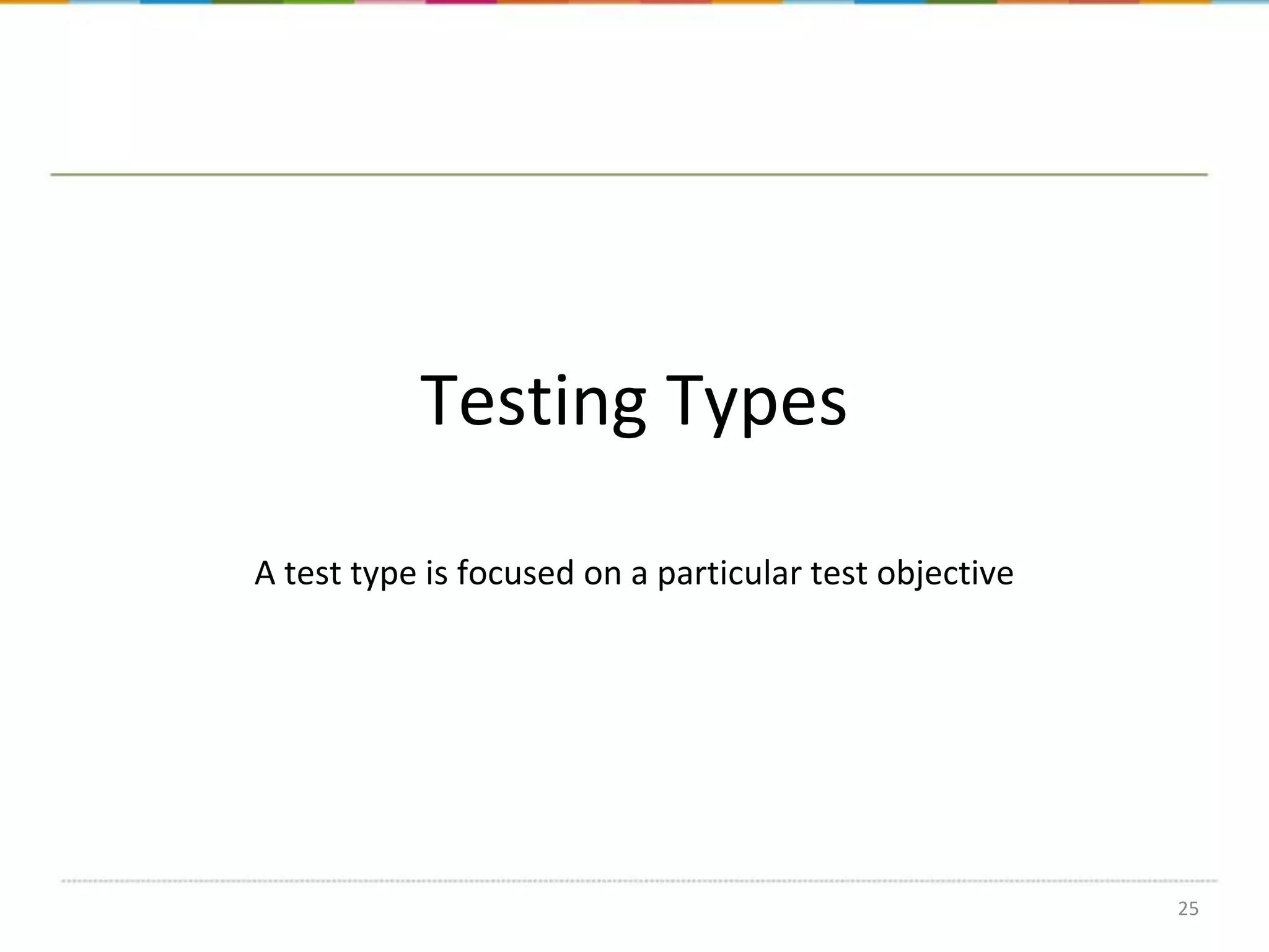 Testing Types
A test type is focused on a particular test objective

25

 