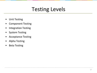 Testing Levels
• Unit Testing
• Component Testing
• Integration Testing
• System Testing
• Acceptance Testing
• Alpha Testing
• Beta Testing

17

 
