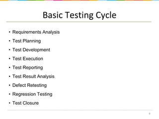 Basic Testing Cycle
• Requirements Analysis
• Test Planning
• Test Development

• Test Execution
• Test Reporting
• Test Result Analysis
• Defect Retesting
• Regression Testing
• Test Closure
8

 