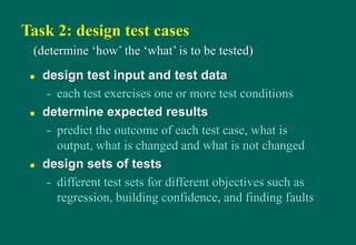 Task 2: design test cases
 design test input and test data
- each test exercises one or more test conditions
 determine expected results
- predict the outcome of each test case, what is
output, what is changed and what is not changed
 design sets of tests
- different test sets for different objectives such as
regression, building confidence, and finding faults
(determine „how‟ the „what‟ is to be tested)
 