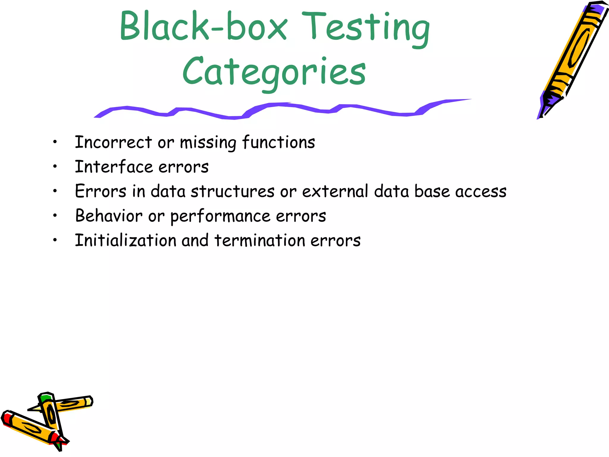 Black-box Testing
Categories
• Incorrect or missing functions
• Interface errors
• Errors in data structures or external data base access
• Behavior or performance errors
• Initialization and termination errors
 