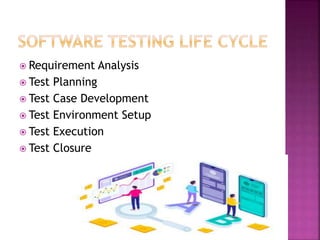  Requirement Analysis
 Test Planning
 Test Case Development
 Test Environment Setup
 Test Execution
 Test Closure
 