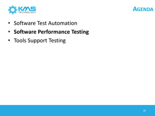 AGENDA
• Software Test Automation
• Software Performance Testing
• Tools Support Testing
29
 