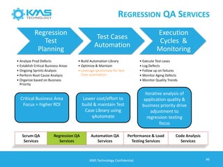Regression
Test
Planning
• Analyze Prod Defects
• Establish Critical Business Areas
• Ongoing Sprints Analysis
• Perform Root Cause Analysis
• Organize based on Business
Priority
Test Cases
Automation
• Build Automation Library
• Optimize & Maintain
• Leverage qAutomate for Test
Case automation
Execution
Cycles &
Monitoring
• Execute Test cases
• Log Defects
• Follow up on failures
• Monitor Aging Defects
• Monitor Quality Trends
REGRESSION QA SERVICES
46KMS Technology Confidential
Scrum QA
Services
Regression QA
Services
Automation QA
Services
Performance & Load
Testing Services
Code Analysis
Services
Critical Business Area
Focus = higher ROI
Lower cost/effort to
build & maintain Test
Case Library using
qAutomate
Iterative analysis of
application quality &
business priority drive
adjustment to
regression testing
focus
 