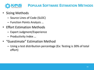 POPULAR SOFTWARE ESTIMATION METHODS
• Sizing Methods
– Source Lines of Code (SLOC)
– Function Points Analysis …
• Effort Estimation Methods
– Expert Judgment/Experience
– Productivity Index …
• “Guestimate” Estimation Method
– Using a test distribution percentage (Ex: Testing is 30% of total
effort)
54
 