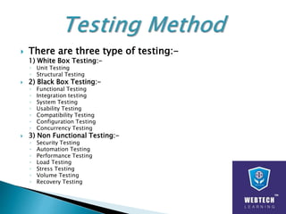  There are three type of testing:-
1) White Box Testing:-
◦ Unit Testing
◦ Structural Testing
 2) Black Box Testing:-
◦ Functional Testing
◦ Integration testing
◦ System Testing
◦ Usability Testing
◦ Compatibility Testing
◦ Configuration Testing
◦ Concurrency Testing
 3) Non Functional Testing:-
◦ Security Testing
◦ Automation Testing
◦ Performance Testing
◦ Load Testing
◦ Stress Testing
◦ Volume Testing
◦ Recovery Testing
 
