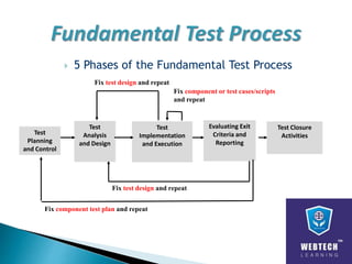  5 Phases of the Fundamental Test Process
Fix test design and repeat
Fix component or test cases/scripts
and repeat
Test
Planning
and Control
Test
Analysis
and Design
Test
Implementation
and Execution
Evaluating Exit
Criteria and
Reporting
Test Closure
Activities
Fix component test plan and repeat
Fix test design and repeat
 