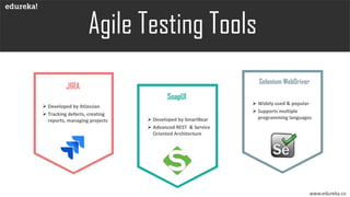 www.edureka.co
JIRA
➢ Developed by Atlassian
➢ Tracking defects, creating
reports, managing projects
SoapUI
➢ Developed by SmartBear
➢ Advanced REST & Service
Oriented Architecture
Selenium WebDriver
➢ Widely used & popular
➢ Supports multiple
programming languages
 