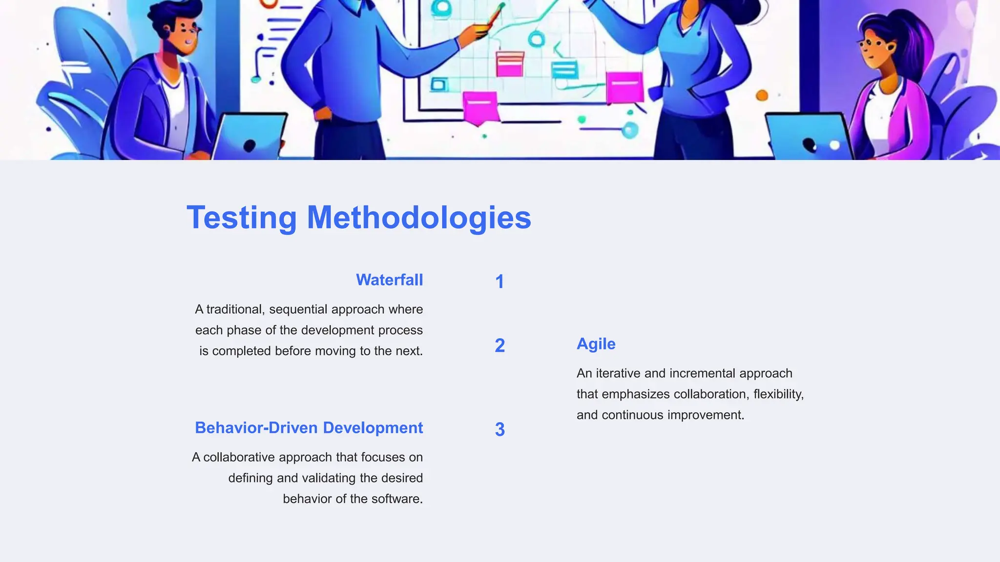 Testing Methodologies
1
Waterfall
A traditional, sequential approach where
each phase of the development process
is completed before moving to the next. 2 Agile
An iterative and incremental approach
that emphasizes collaboration, flexibility,
and continuous improvement.
3
Behavior-Driven Development
A collaborative approach that focuses on
defining and validating the desired
behavior of the software.
 