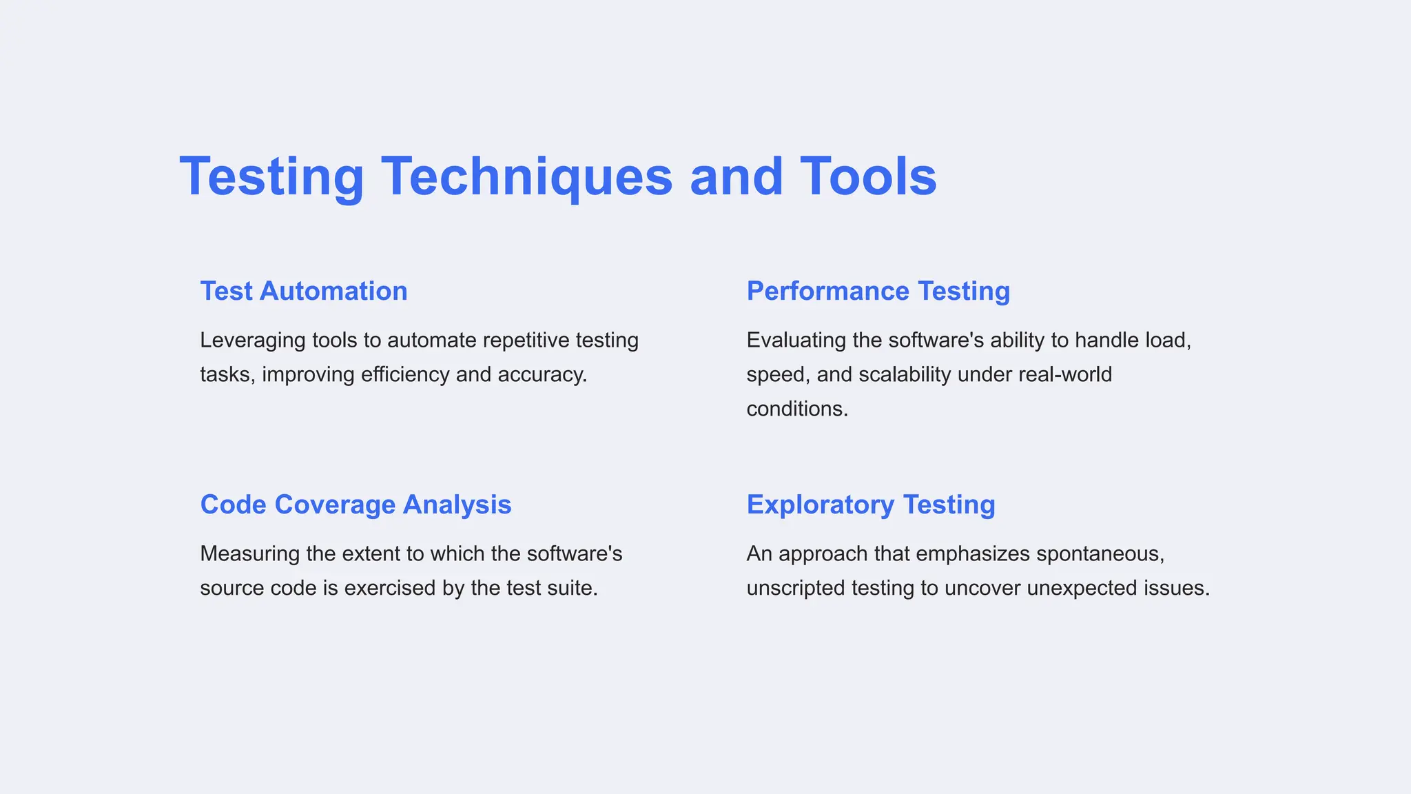 Testing Techniques and Tools
Test Automation
Leveraging tools to automate repetitive testing
tasks, improving efficiency and accuracy.
Performance Testing
Evaluating the software's ability to handle load,
speed, and scalability under real-world
conditions.
Code Coverage Analysis
Measuring the extent to which the software's
source code is exercised by the test suite.
Exploratory Testing
An approach that emphasizes spontaneous,
unscripted testing to uncover unexpected issues.
 