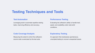Testing Techniques and Tools
Test Automation
Leveraging tools to automate repetitive testing
tasks, improving efficiency and accuracy.
Performance Testing
Evaluating the software's ability to handle load,
speed, and scalability under real-world
conditions.
Code Coverage Analysis
Measuring the extent to which the software's
source code is exercised by the test suite.
Exploratory Testing
An approach that emphasizes spontaneous,
unscripted testing to uncover unexpected issues.
 