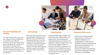 Thorough testing helps ensure that
the software functions reliably and
consistently under different
conditions. By uncovering and fixing
bugs, software testers contribute to
the stability of the application,
minimizing crashes, system failures,
and other unexpected behavior. This,
in turn, increases user confidence in
the software.
Enhanced Reliability and
Stability
Identifying and fixing defects during
the early stages of development is
generally more cost-effective than
addressing them later or after the
software has been deployed. By
investing in comprehensive testing,
organizations can minimize the
expenses associated with bug fixing,
customer support, and potential
legal issues resulting from faulty
software.
Cost Savings
Software testing helps mitigate risks
associated with software failures or
malfunctions. By identifying and
resolving potential issues before the
software is released, organizations can
minimize the negative impact on
business operations, reputation, and
customer trust. Testing also ensures
compliance with industry regulations
and standards, reducing legal and
compliance risks.
Risk Mitigation
Performance testing enables
organizations to assess the
software's behavior and
responsiveness under various
workload scenarios. By identifying
performance bottlenecks and
optimizing the system's
resources, software testing helps
improve the application's speed,
efficiency, and scalability.
Optimized Performance
 