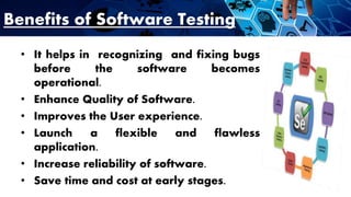 Benefits of Software Testing
• It helps in recognizing and fixing bugs
before the software becomes
operational.
• Enhance Quality of Software.
• Improves the User experience.
• Launch a flexible and flawless
application.
• Increase reliability of software.
• Save time and cost at early stages.
 