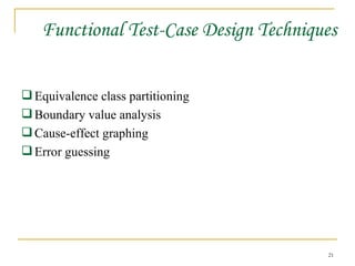 Functional Test-Case Design Techniques Equivalence class partitioning Boundary value analysis Cause-effect graphing Error guessing 