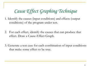 Cause Effect Graphing Technique 1. Identify the causes (input conditions) and effects (output conditions) of the program under test. 2. For each effect, identify the causes that can produce that effect. Draw a Cause-Effect Graph. 3. Generate a test case for each combination of input conditions that make some effect to be true. 