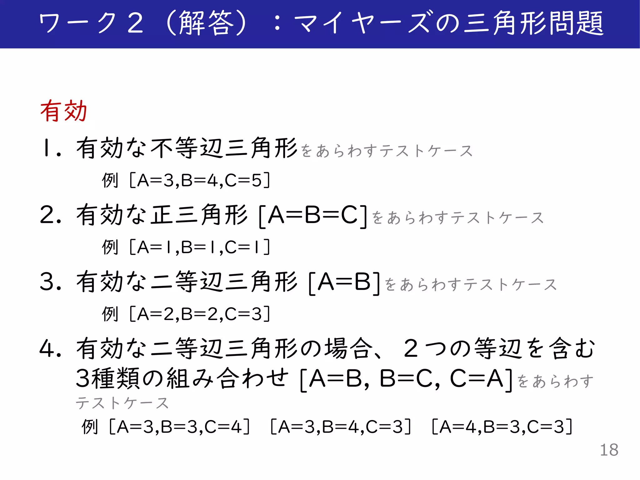 有効
1. 有効な不等辺三角形をあらわすテストケース
例［A=3,B=4,C=5］
2. 有効な正三角形 [A=B=C]をあらわすテストケース
例［A=1,B=1,C=1］
3. 有効な二等辺三角形 [A=B]をあらわすテストケース
例［A=2,B=2,C=3］
4. 有効な二等辺三角形の場合、２つの等辺を含む
3種類の組み合わせ [A=B, B=C, C=A]をあらわす
テストケース
例［A=3,B=3,C=4］［A=3,B=4,C=3］［A=4,B=3,C=3］
ワーク２（解答）：マイヤーズの三角形問題
18
 