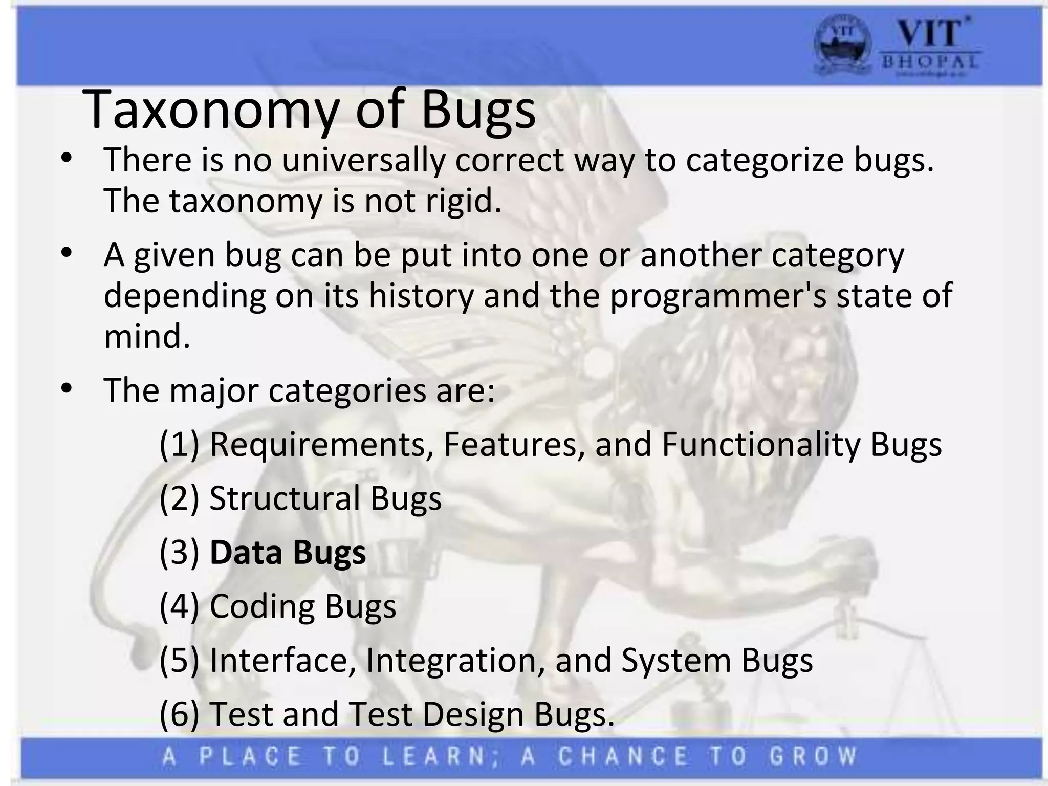 Taxonomy of Bugs
• There is no universally correct way to categorize bugs.
The taxonomy is not rigid.
• A given bug can be put into one or another category
depending on its history and the programmer's state of
mind.
• The major categories are:
(1) Requirements, Features, and Functionality Bugs
(2) Structural Bugs
(3) Data Bugs
(4) Coding Bugs
(5) Interface, Integration, and System Bugs
(6) Test and Test Design Bugs.
 