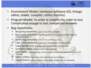 • Environment Model: Hardware Software (OS, linkage
editor, loader, compiler, utility routines)
• Program Model: In order to simplify the order to test.
Complicated enough to test unexpected behavior.
• Bug Hypothesis:
• Benign Bug Hypothesis: bugs are nice, tame and logical
• Bug Locality Hypothesis: bug discovered with in a component affects only that
component's behavior
• Control Bug Dominance: errors in the control structures
• Code / Data Separation: bugs respect the separation of code and data
• Lingua Salvatore Est: language syntax and semantics eliminate bugs
• Corrections Abide: corrected bug remains corrected
• Silver Bullets: Language, Design method, representation, environment grants immunity
from bugs.
• Sadism Suffices: Tough bugs need methodology and techniques.
• Angelic Testers: testers are better at test design, Programmer for code design
 