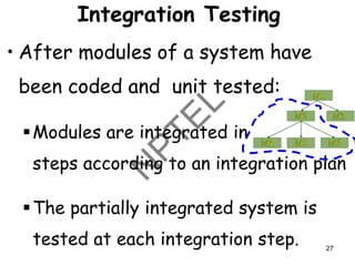 Integration Testing
• After modules of a system have
been coded and unit tested:
▪Modules are integrated in
steps according to an integration plan
▪The partially integrated system is
tested at each integration step. 27
 
