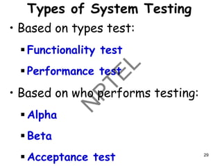 Types of System Testing
• Based on types test:
▪ Functionality test
▪ Performance test
• Based on who performs testing:
▪ Alpha
▪ Beta
▪ Acceptance test 29
 
