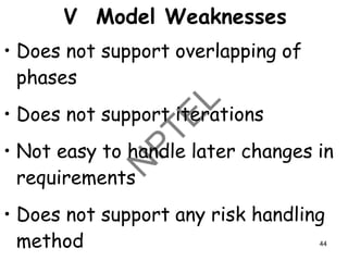 V Model Weaknesses
• Does not support overlapping of
phases
• Does not support iterations
• Not easy to handle later changes in
requirements
• Does not support any risk handling
method 44
 